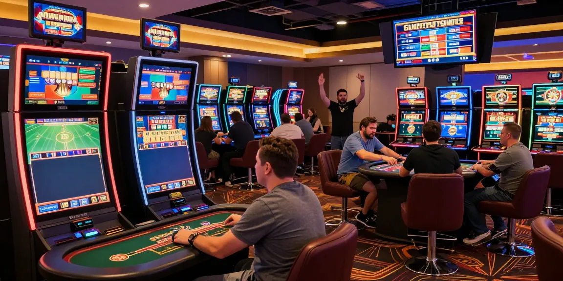Exciting NBET online gaming environment filled with diverse gaming tables and flashing slot machines.