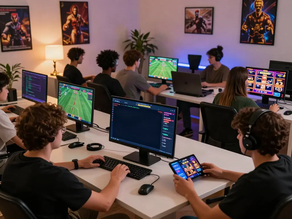 Engaged players enjoying sky88 games on multiple devices in an immersive gaming environment.