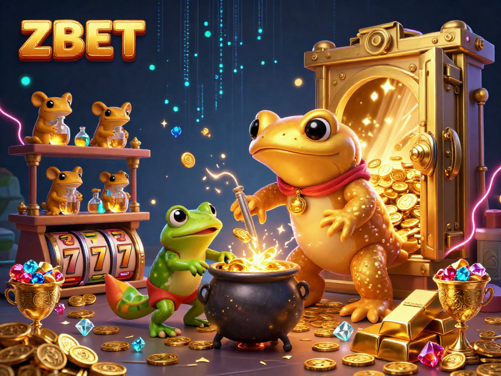 ZBET offers thrilling gaming experiences with a magical alchemist scene, gold coins, and vibrant slot elements.