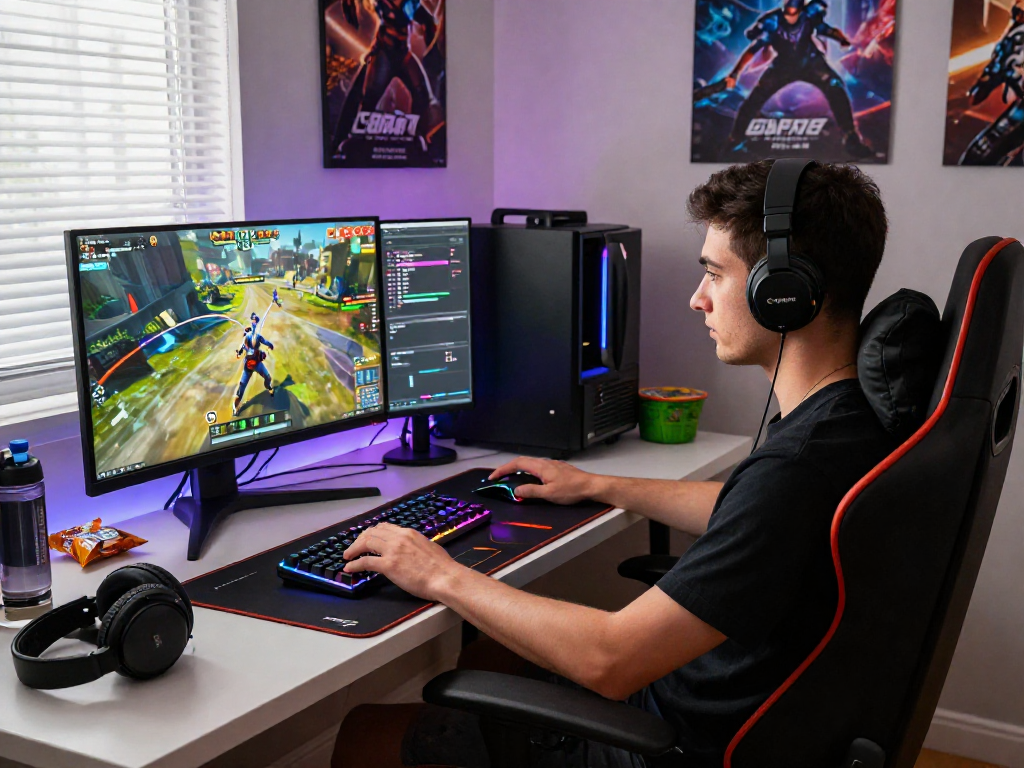 Gamer enjoying the ultimate rokok88 experience in a modern gaming setup with ergonomic chair and RGB mechanical keyboard.