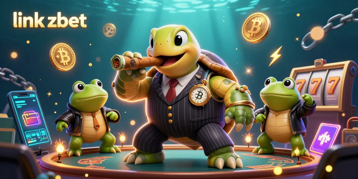 Engage with the vibrant link zbet casino scene featuring a mobster turtle and frog enforcers amongst neon crypto elements.