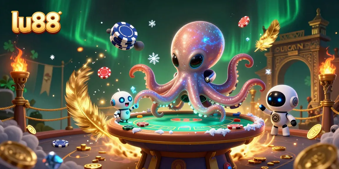 lu88 poker game scene featuring an alien octopus, robot companion, and vibrant casino elements.