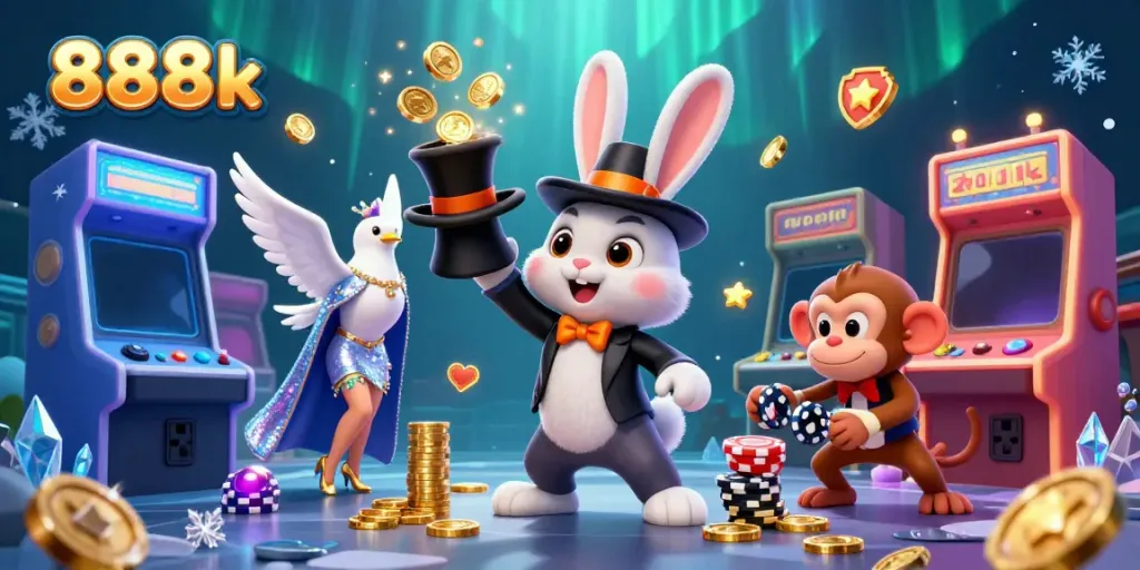 Experience the excitement of 888k as a magician rabbit conjures gold, surrounded by gaming delights.