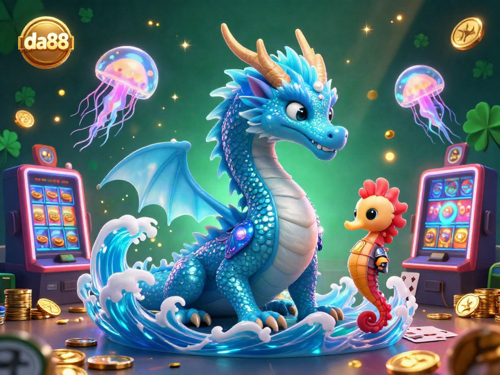 Engage in thrilling gaming experiences at da88 with the captivating azure dragon and vibrant casino elements.