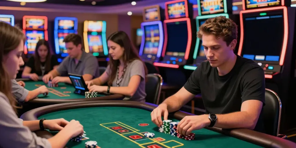 Engaging scene at https://ku88v1.com/ featuring players enjoying live dealer games and sports betting in a vibrant casino atmosphere.