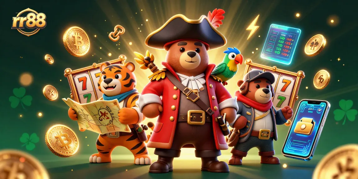 Get ready to win big with rr88’s online gaming, featuring a pirate captain bear, tiger, and treasure map.