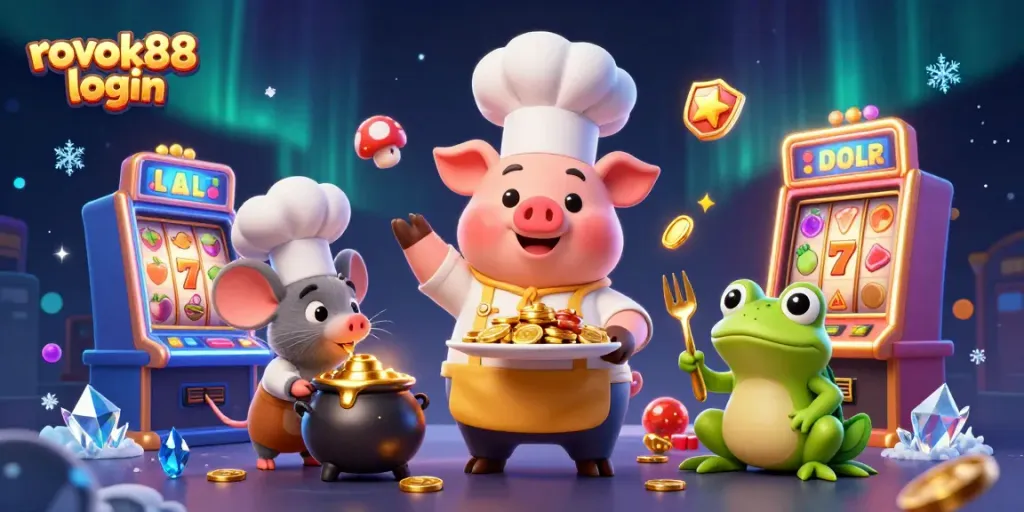 Engage with rokok88 login for a vibrant casino experience featuring a chef pig, a mouse, and a frog amidst slot machines.