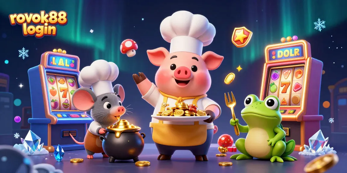 Engage with rokok88 login for a vibrant casino experience featuring a chef pig, a mouse, and a frog amidst slot machines.