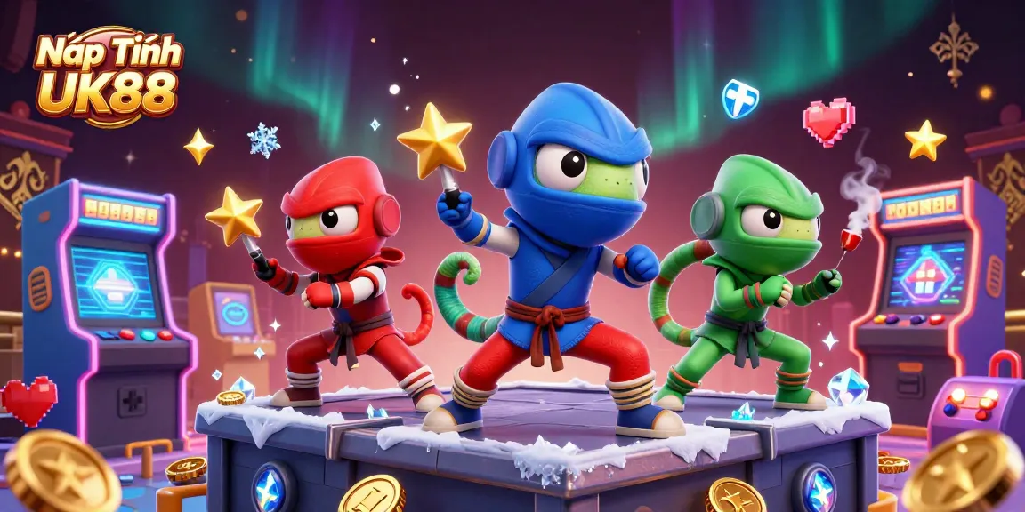 Nạp Tiền UK88 with ninja chameleons performing martial arts amidst gaming machines and casino elements