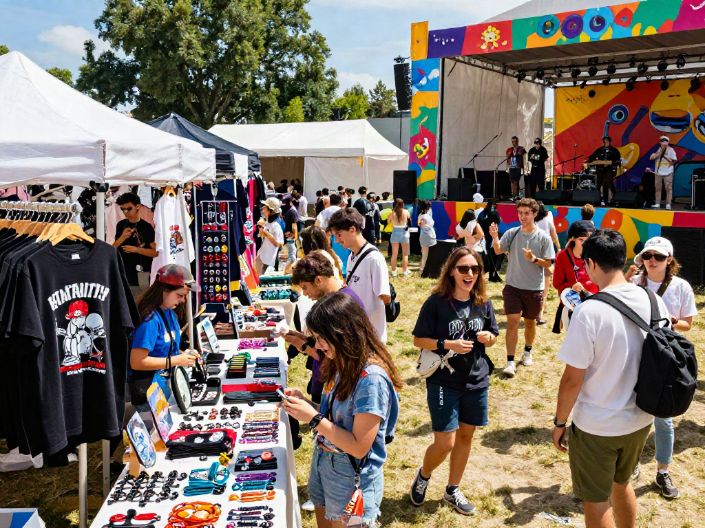 Festival scene showcasing rokok88 merchandise with vibrant atmosphere and young adults enjoying unique cultural products.