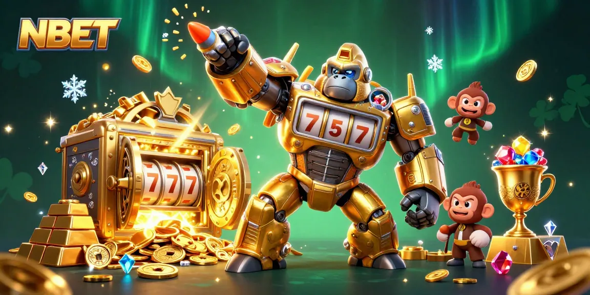 Engage with NBET's thrilling casino adventures featuring a golden gorilla mech and wealth elements.