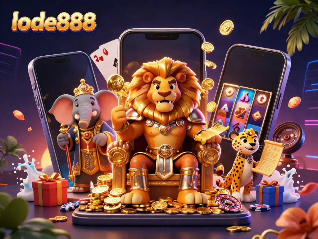 Experience the excitement of lode888 with a vibrant 3D casino scene featuring a lion king and thrilling game elements.