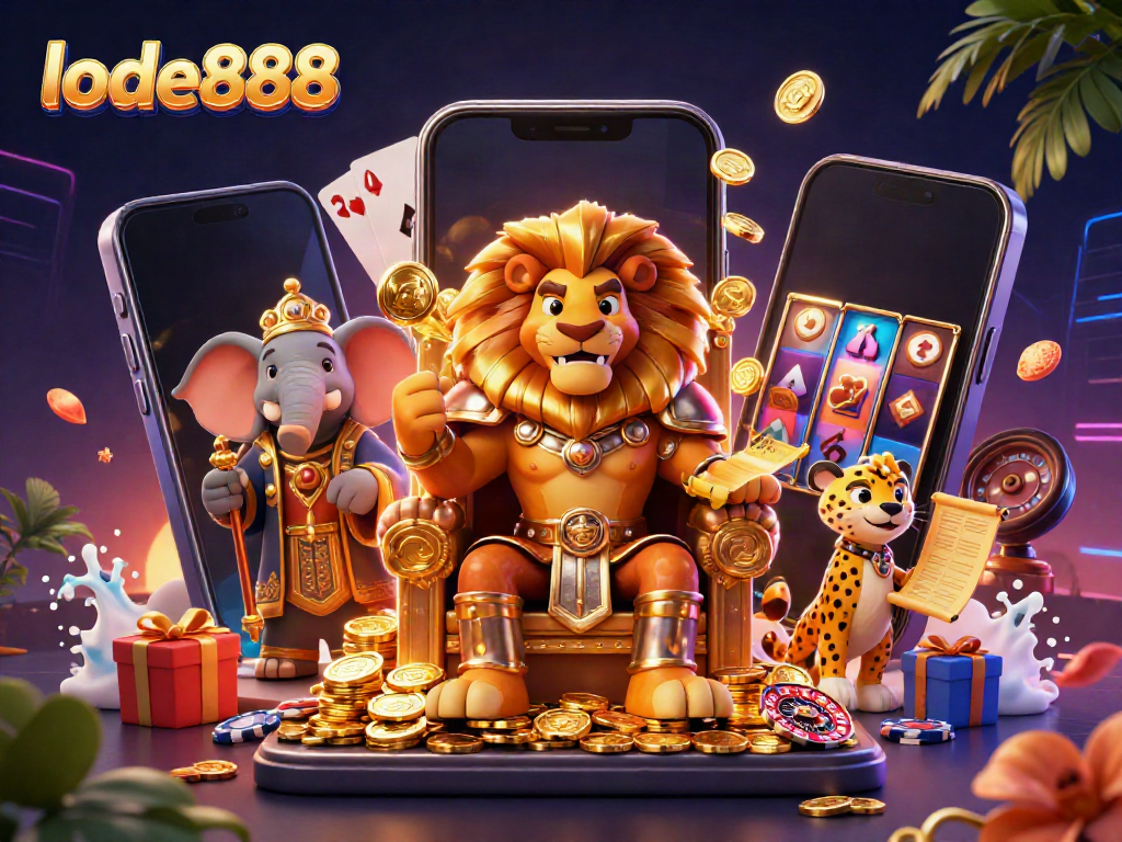 Experience the excitement of lode888 with a vibrant 3D casino scene featuring a lion king and thrilling game elements.