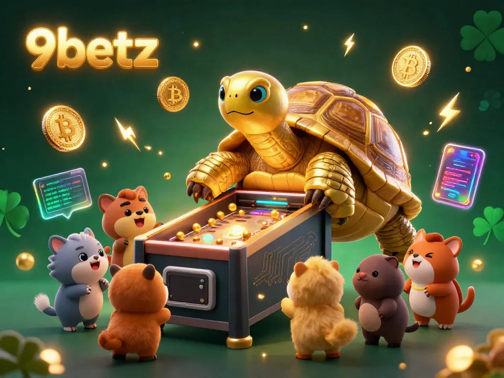 Engage with exciting games at 9betz, featuring a vibrant tortoise pinball machine amidst dynamic cryptocurrency elements.
