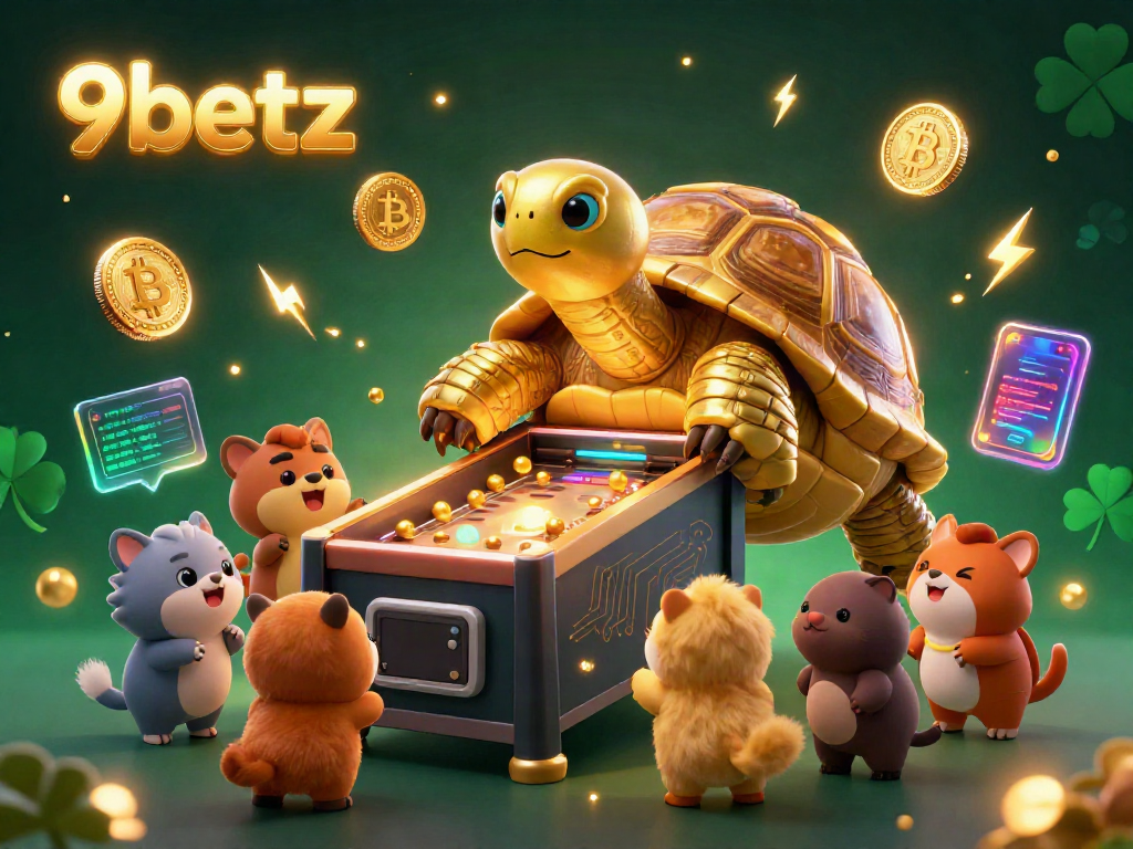 Engage with exciting games at 9betz, featuring a vibrant tortoise pinball machine amidst dynamic cryptocurrency elements.