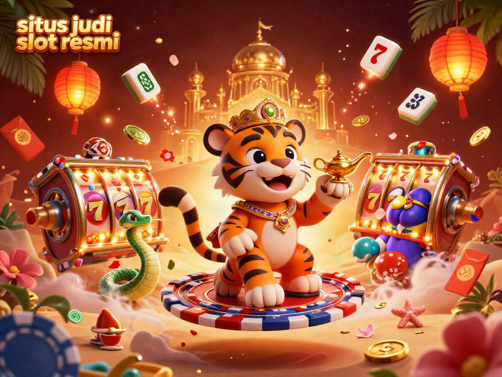 Menggulung slot pada situs judi slot resmi dengan sultan harimau 3D, ditambah elemen keberuntungan dan dinding berwarna emas.