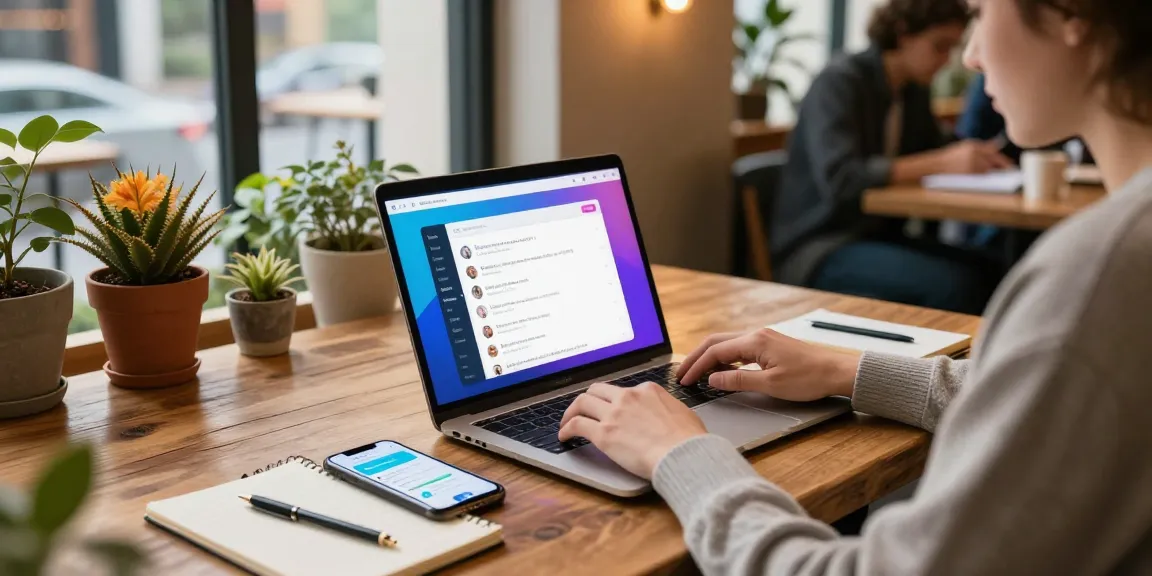 Using the Telegram web version in a cozy café workspace with a laptop and smartphone.