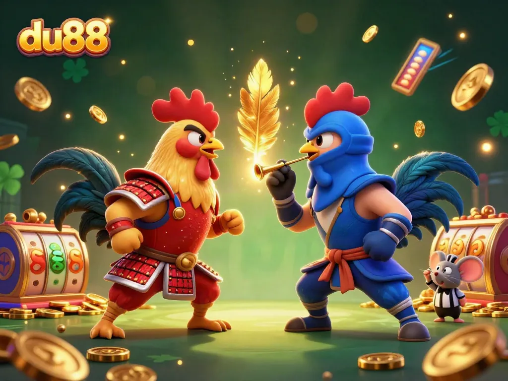 Challenge the odds at du88 with cockfighting action featuring dramatic roosters, gold coins, and vibrant game elements.