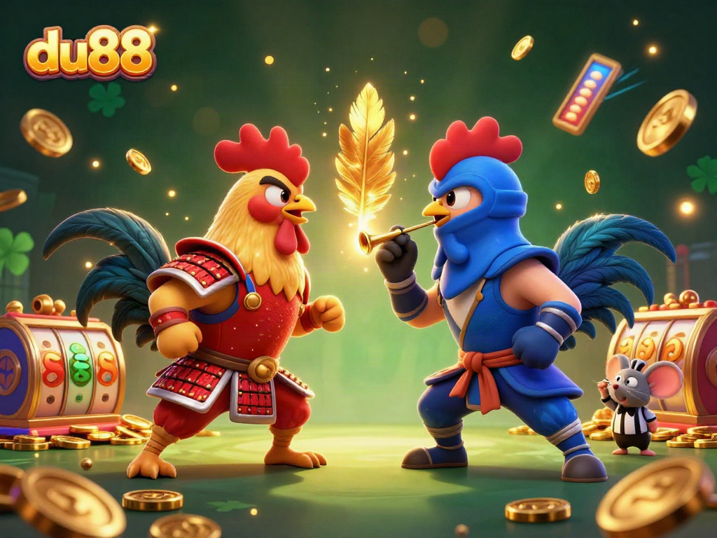 Challenge the odds at du88 with cockfighting action featuring dramatic roosters, gold coins, and vibrant game elements.