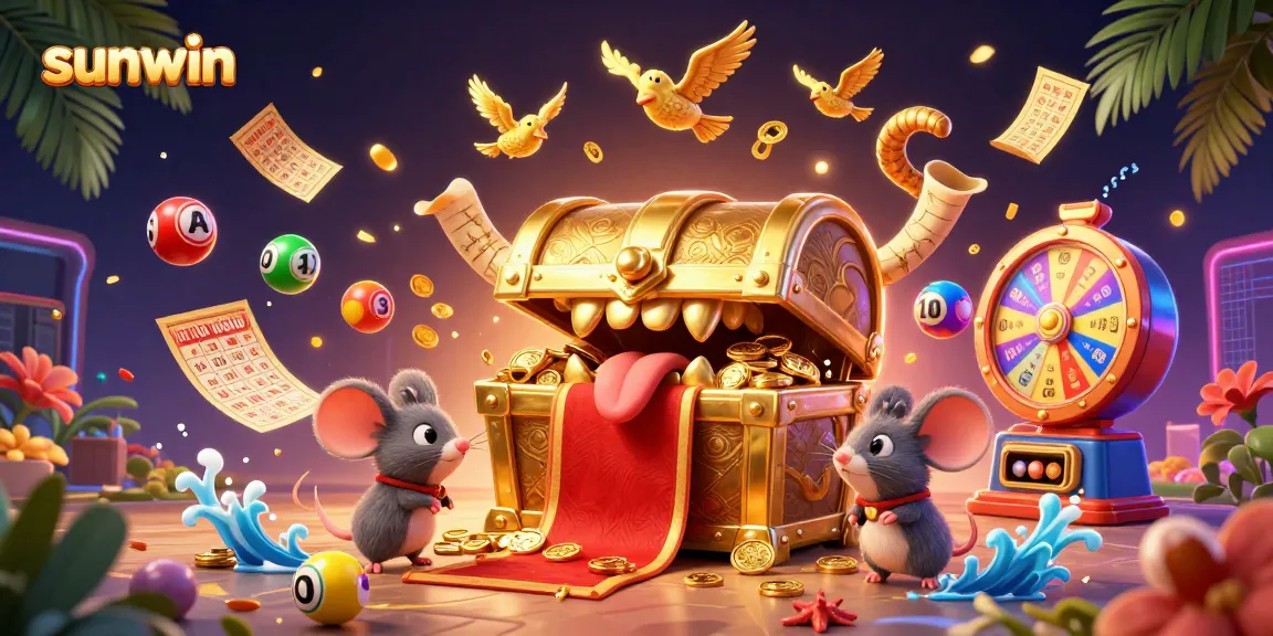Experience sunwin's vibrant lottery excitement with golden treasures and prize elements.