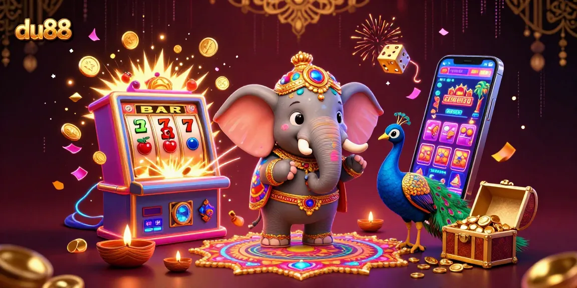 Engage with du88 by exploring vibrant 3D casino-themed art featuring an elephant and rich slot visuals.