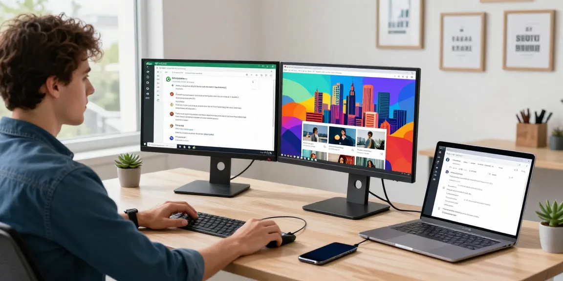 Professional using WhatsApp電腦版 in a modern workspace with dual monitors.