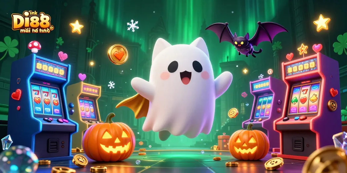 Play with link Da88 mới nhất in this vibrant haunted casino scene featuring a ghost cat and arcade machines.