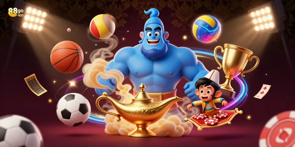 Engage with the 88go app through a captivating 3D genie adventure amidst poker chips and vibrant sports elements.