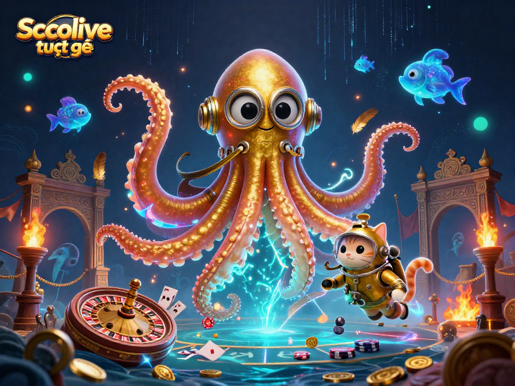 Socolive trực tiếp showcases an exciting casino scene with a kraken, a diving cat, and vibrant game elements.