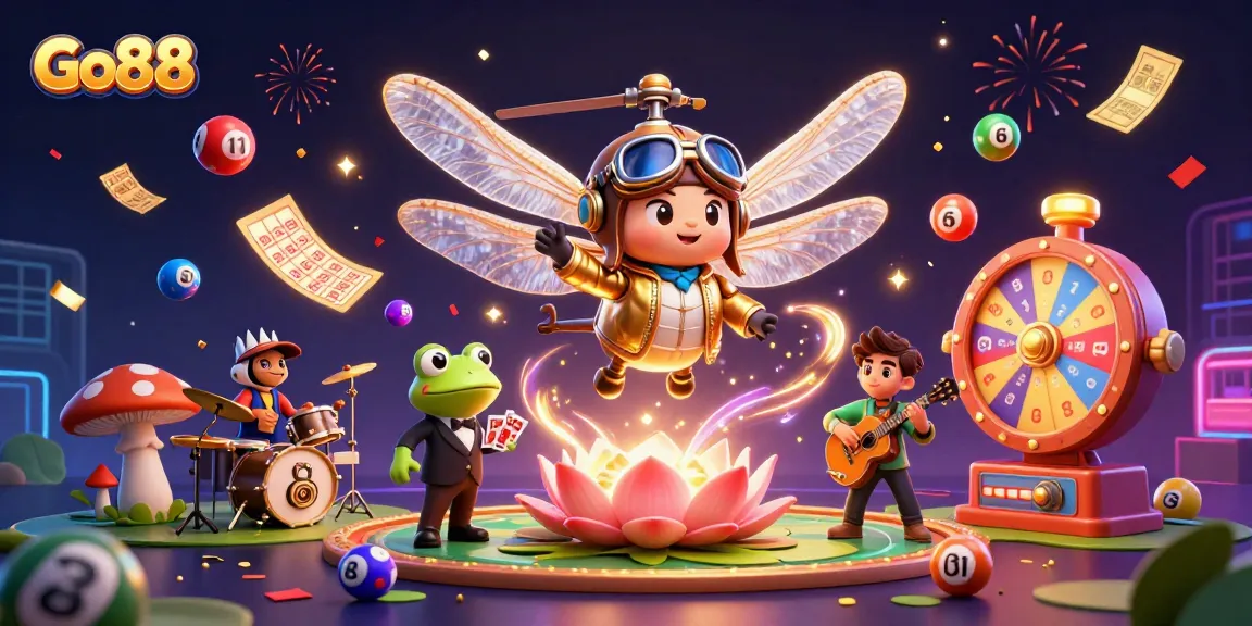Go88 at the casino showcases a vibrant 3D scene with dragonfly pilot and frog croupier dealing cards.
