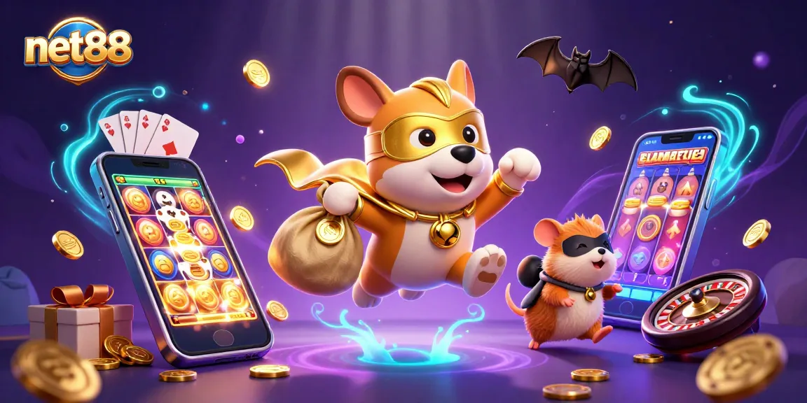 net88 showcases an exciting superhero dog character flying with gold coins amidst vivid casino game elements.