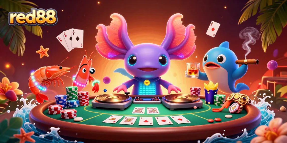 Experience thrilling gaming with red88's vibrant casino scene, featuring DJ axolotl and poker action.