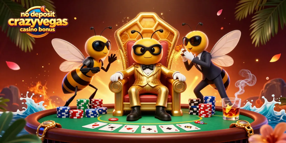 No deposit crazyvegas casino bonus offers a vibrant casino scene featuring a bumblebee mob boss and poker elements.