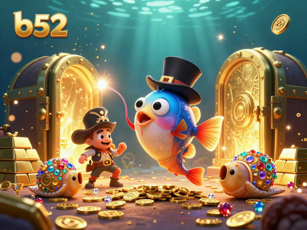 Engage in B52 gaming adventures with colorful characters amidst treasure and excitement.