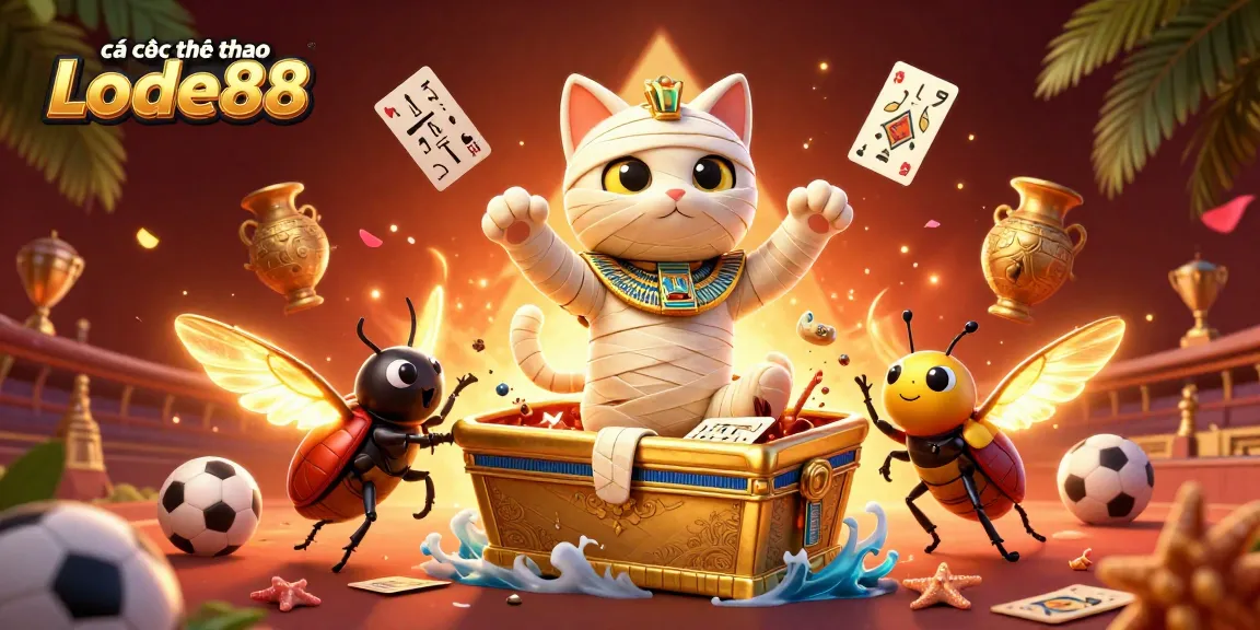 Cá cược thể thao Lode88 presents an exciting scene with sports elements, Egyptian characters, and dynamic visuals.