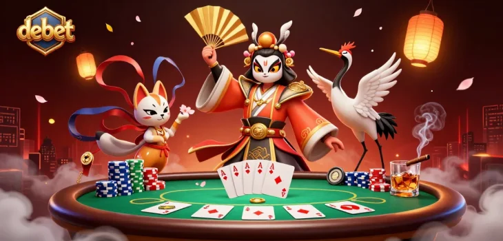Engage with debet's vibrant casino scene featuring a kabuki warrior and poker elements.
