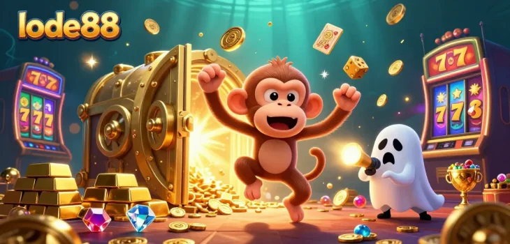 lode88 showcases a poltergeist monkey juggling coins in a haunted casino scene filled with slot reels.