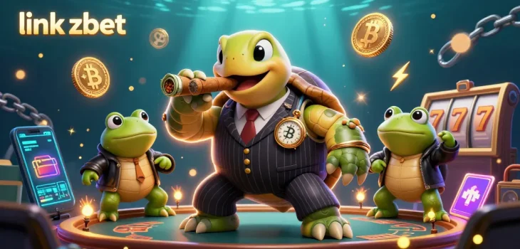 Engage with the vibrant link zbet casino scene featuring a mobster turtle and frog enforcers amongst neon crypto elements.