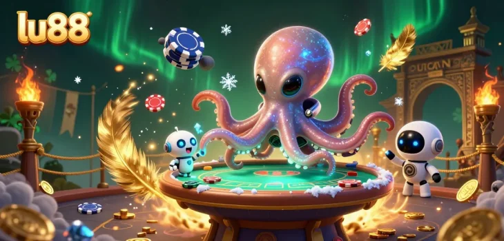 lu88 poker game scene featuring an alien octopus, robot companion, and vibrant casino elements.