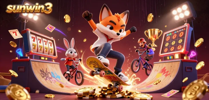 Experience the excitement of sunwin3 while a skateboarder fox performs tricks over golden poker chips!