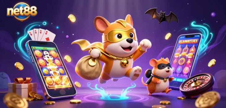 net88 showcases an exciting superhero dog character flying with gold coins amidst vivid casino game elements.