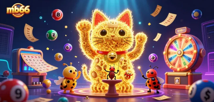 Experience the thrill of mb66 in a dynamic 3D casino scene with vibrant lottery elements.