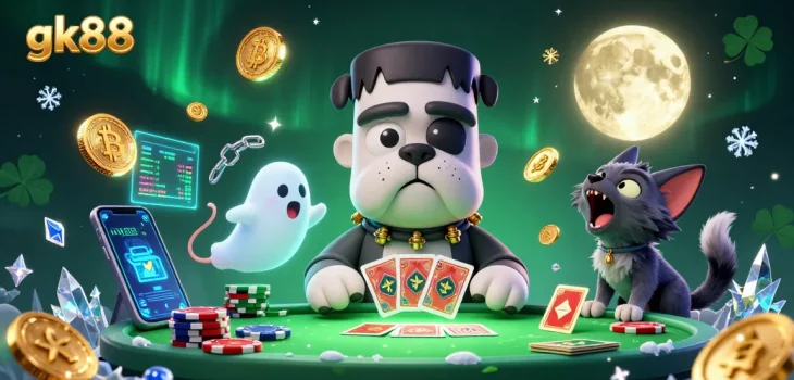 Hành động chơi bài tại gk88 với chó Frankenstein và mèo sói trong bối cảnh casino kỳ bí.