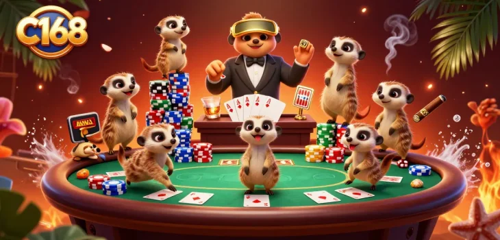 C168: Meerkats orchestrating a vibrant casino scene, showcasing poker excitement and gaming strategy.