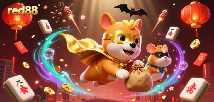 Experience thrilling gaming action with red88's vibrant 3D scene featuring a superhero dog and rich casino elements.