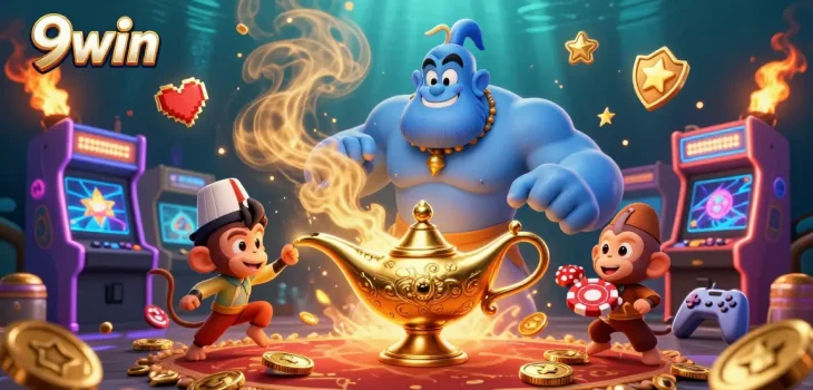 Experience thrilling wins with 9win in this vibrant 3D illustration of a magical casino adventure.