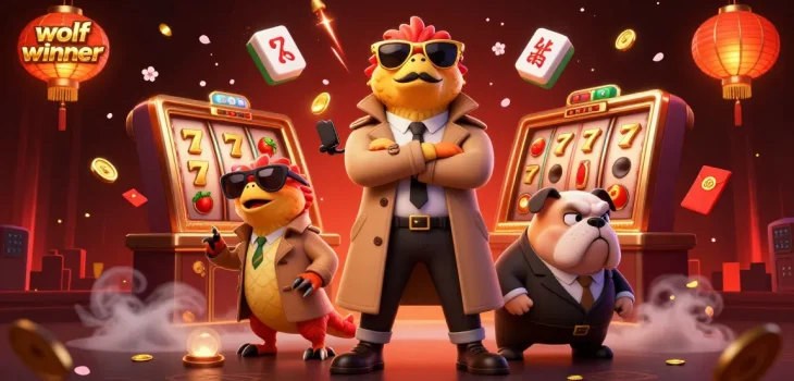 Experience fun with wolfwinner as raptors sneak into a casino, surrounded by vibrant slot elements.