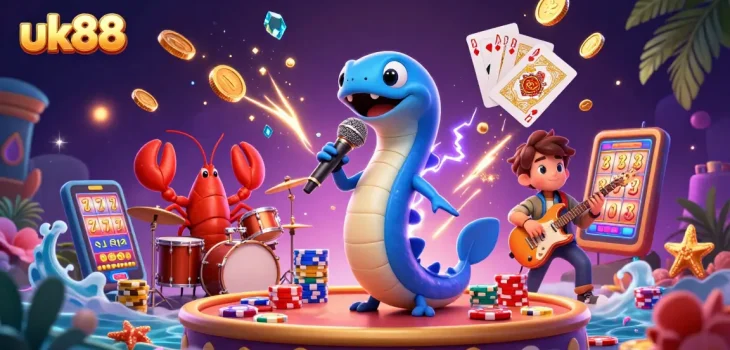uk88 illuminates a vibrant underwater casino scene showcasing an electric eel DJ with dazzling casino elements.