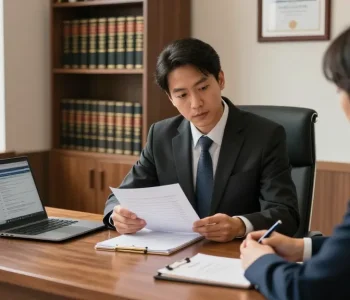 Visit here for a professional legal consultation scene with an attorney helping clients in a warm office.