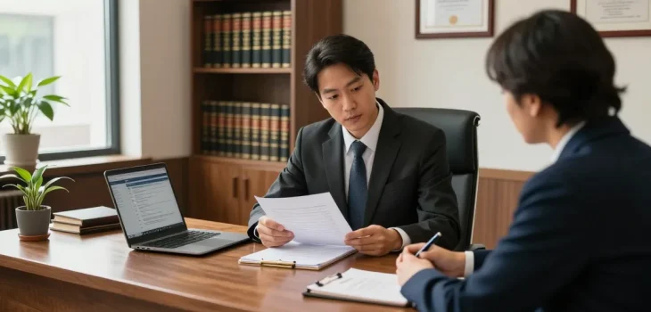 Visit here for a professional legal consultation scene with an attorney helping clients in a warm office.